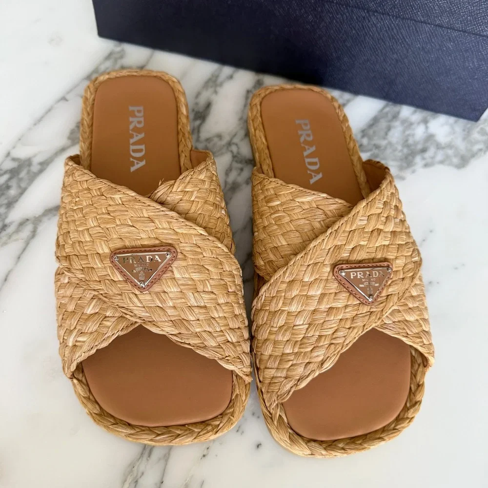 Prada 2X3142 Mens Woven Raffia Cross Strap Slide Sandals Beige Tan UK 7 (FIT LG)